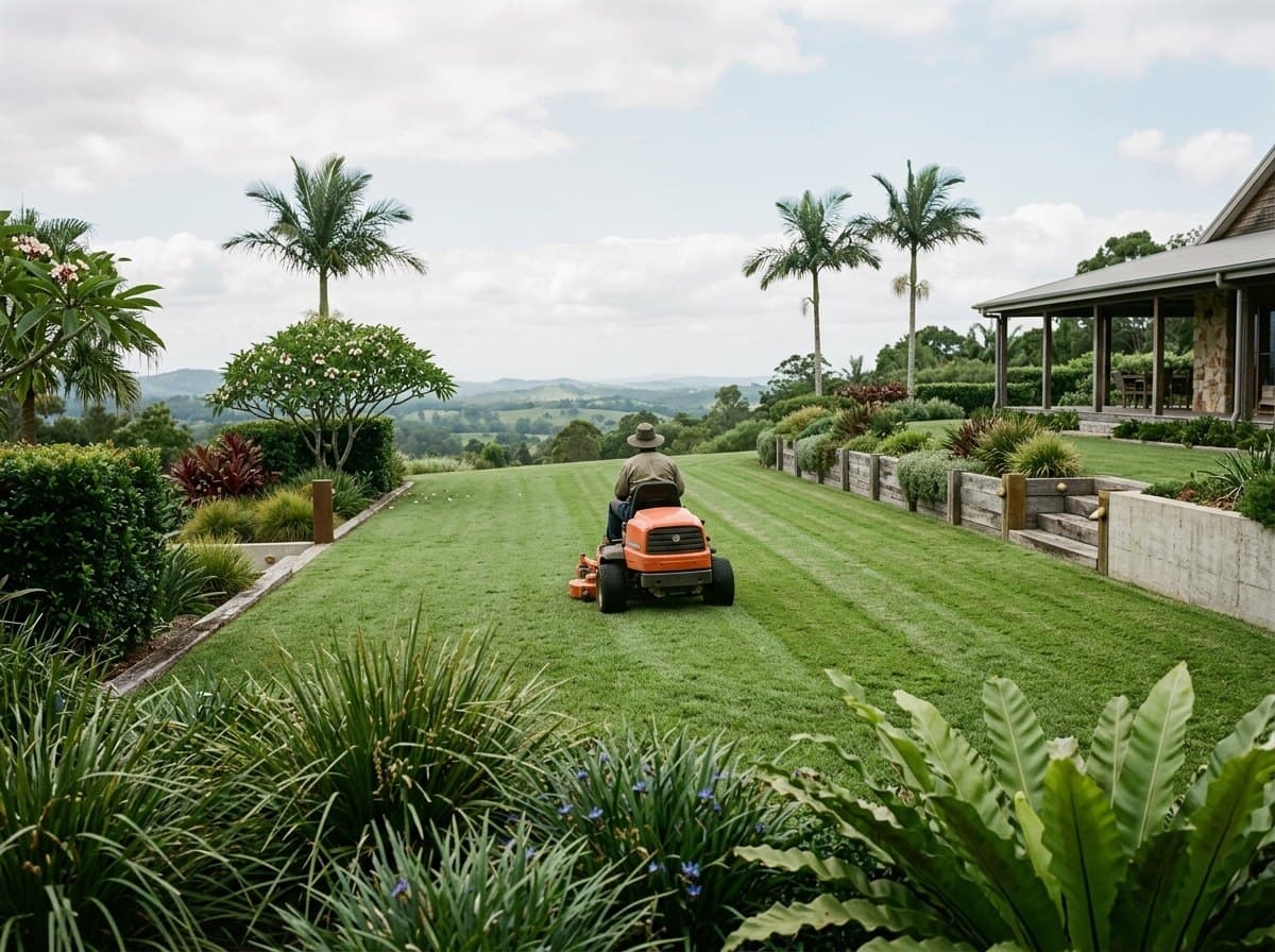 Mowing wide acreage lawns with views over the Sunshine Coast hinterland