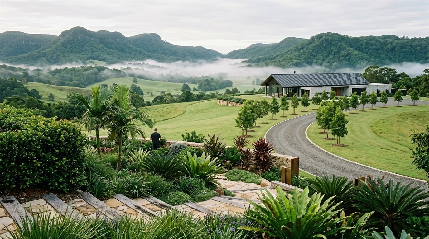 A hinterland acreage estate with long tree lined driveway and luxury farmhouse
