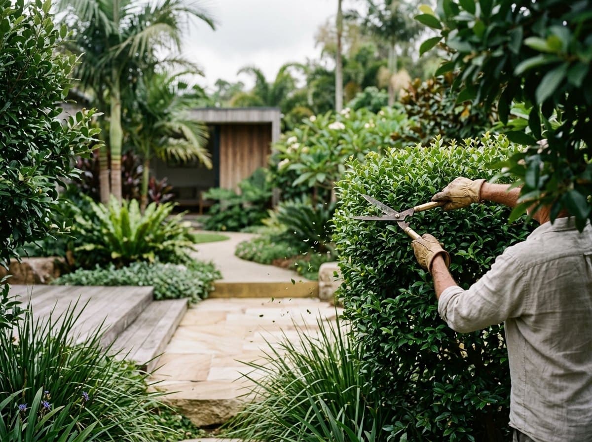 A gardener hand-clipping a hedge in a lush, considered Sunshine Coast garden