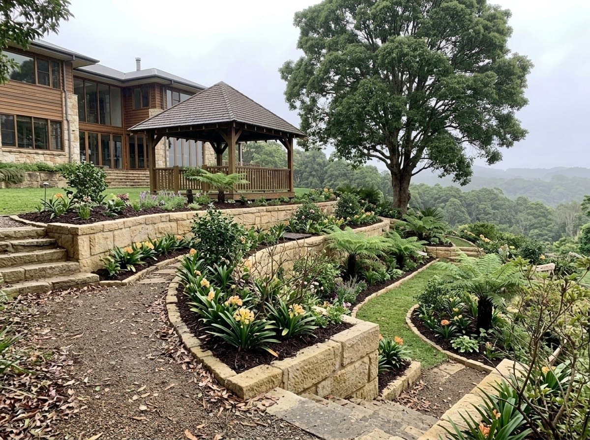 The same Montville terraces rebuilt and replanted with layered hinterland planting