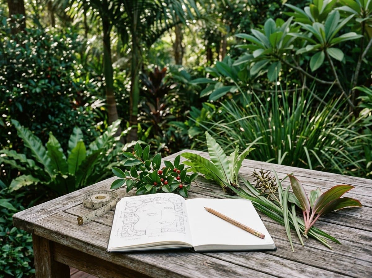 A garden consultation with notes and a sketched plan on an outdoor table